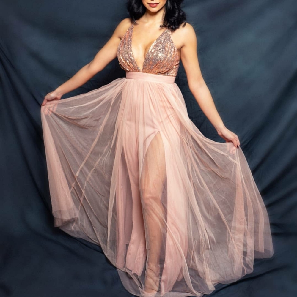 Pastel Pink Maxi Sequins and Mesh Dress